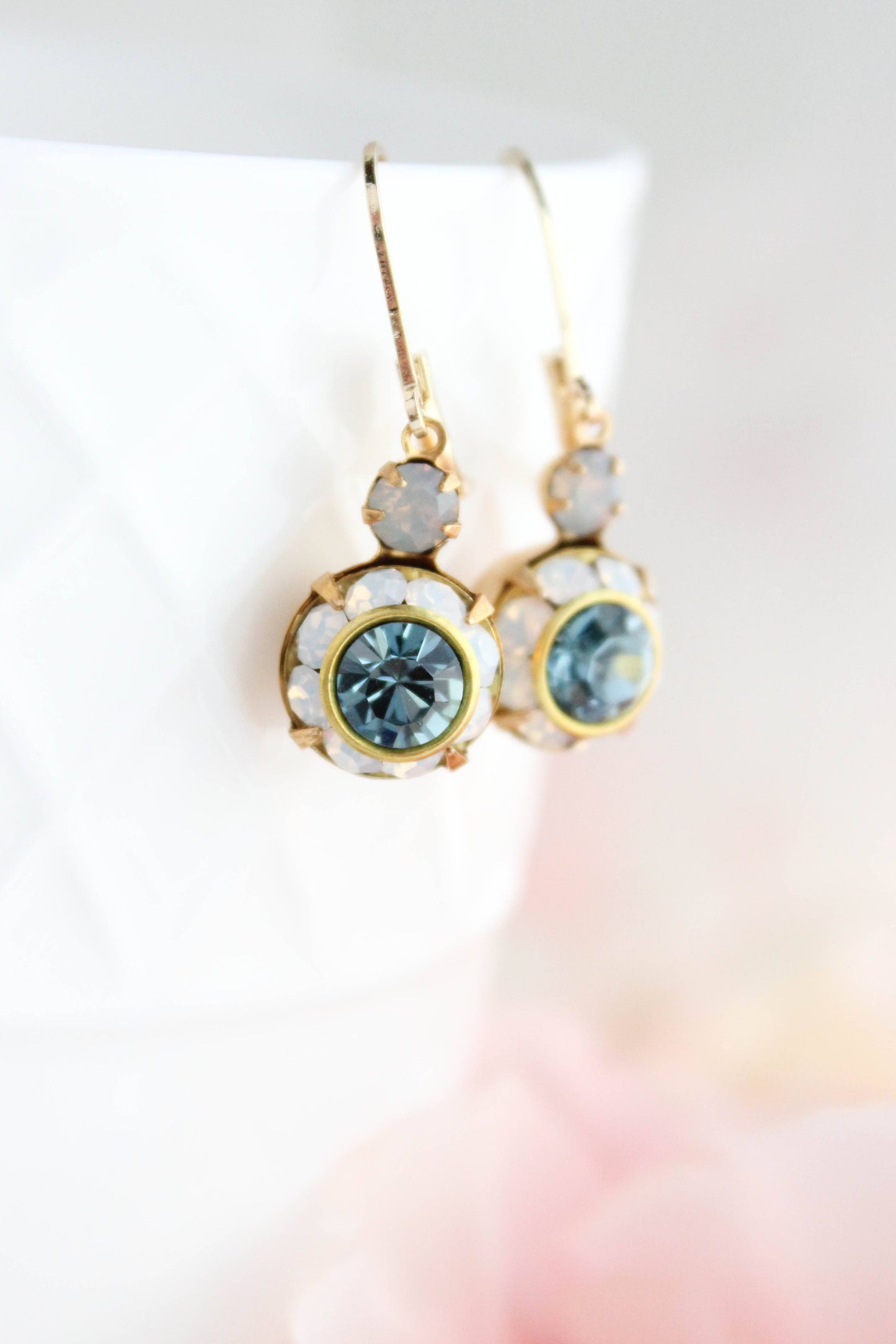 Art Deco Floral Earrings | White Opal & Dusty Blue Sapphire