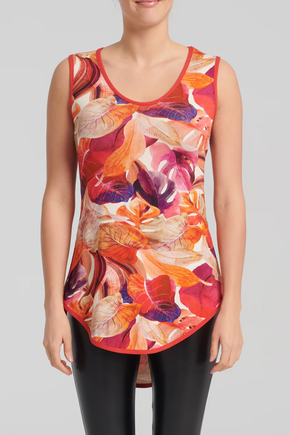 Astarte Top by Kollontai, Red, leaf print with contrast piping, scoop neck, sleeveless, rounded hem that's longer in the back, sizes XS to XL, made in Montreal 