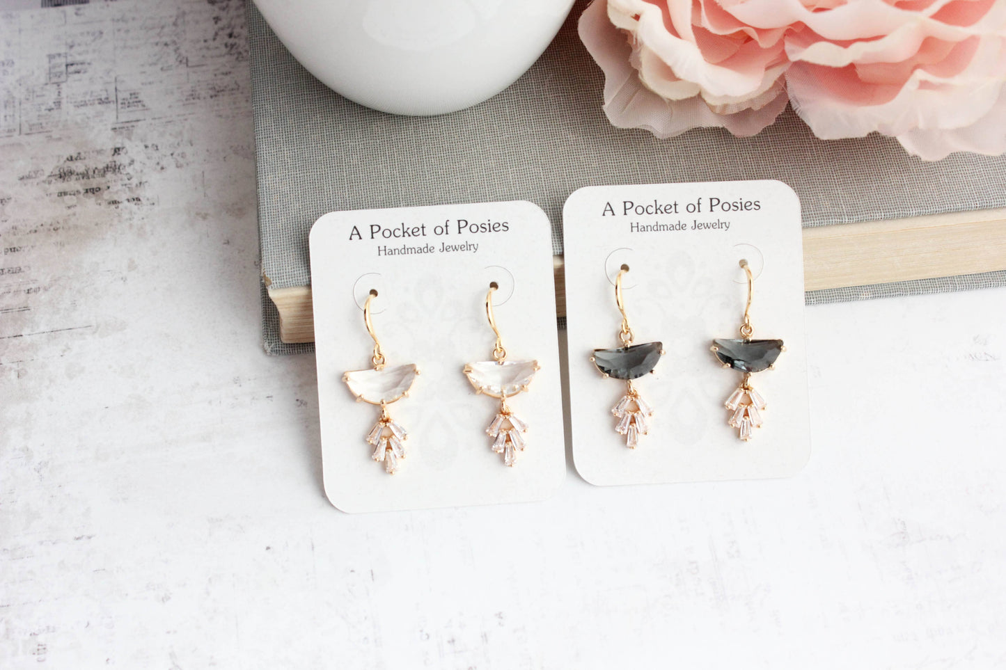 Art Deco Earrings | Half Moon Jewel with Sparkling Leaf Drop