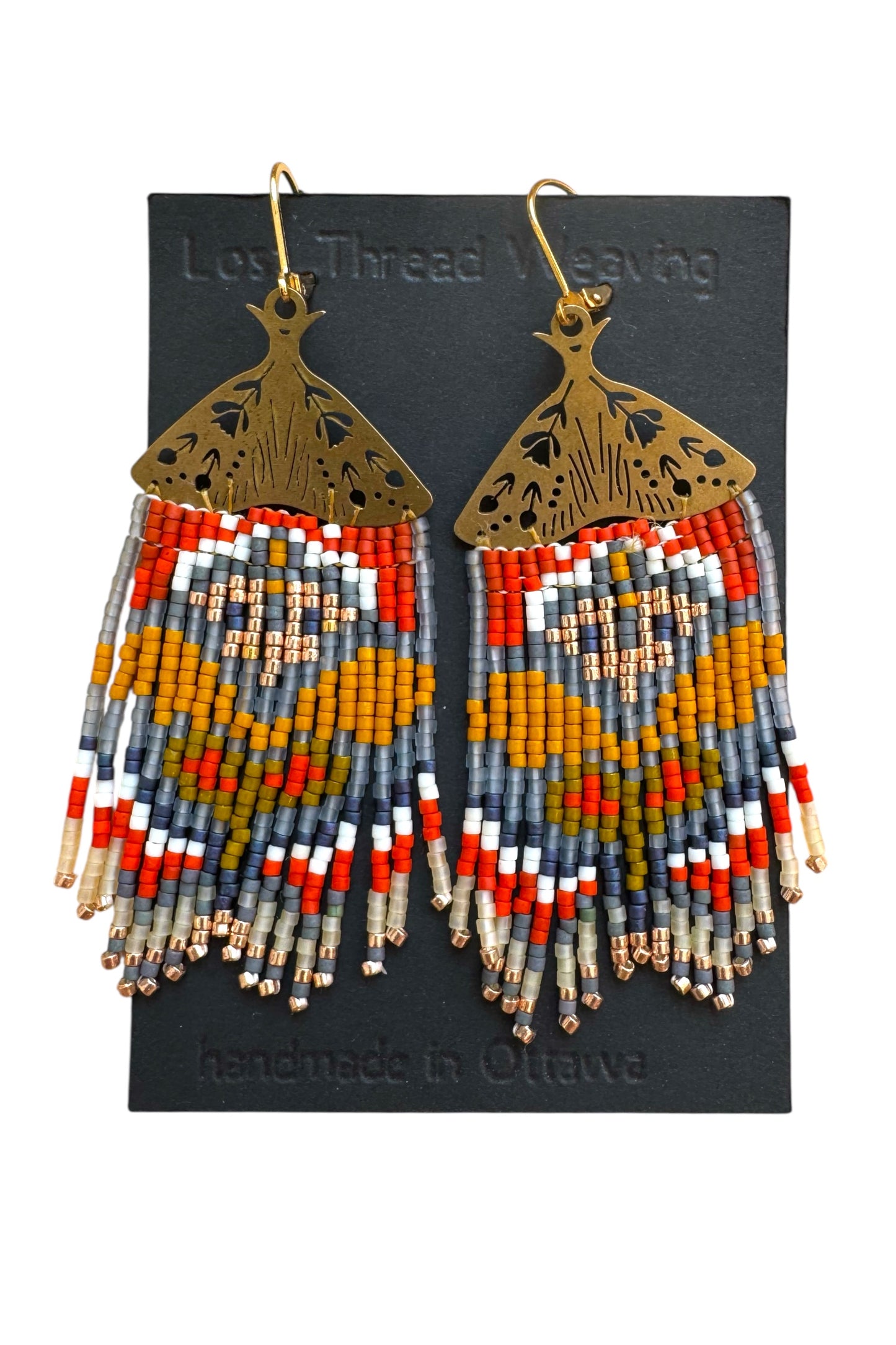 Moth beaded fringe earrings