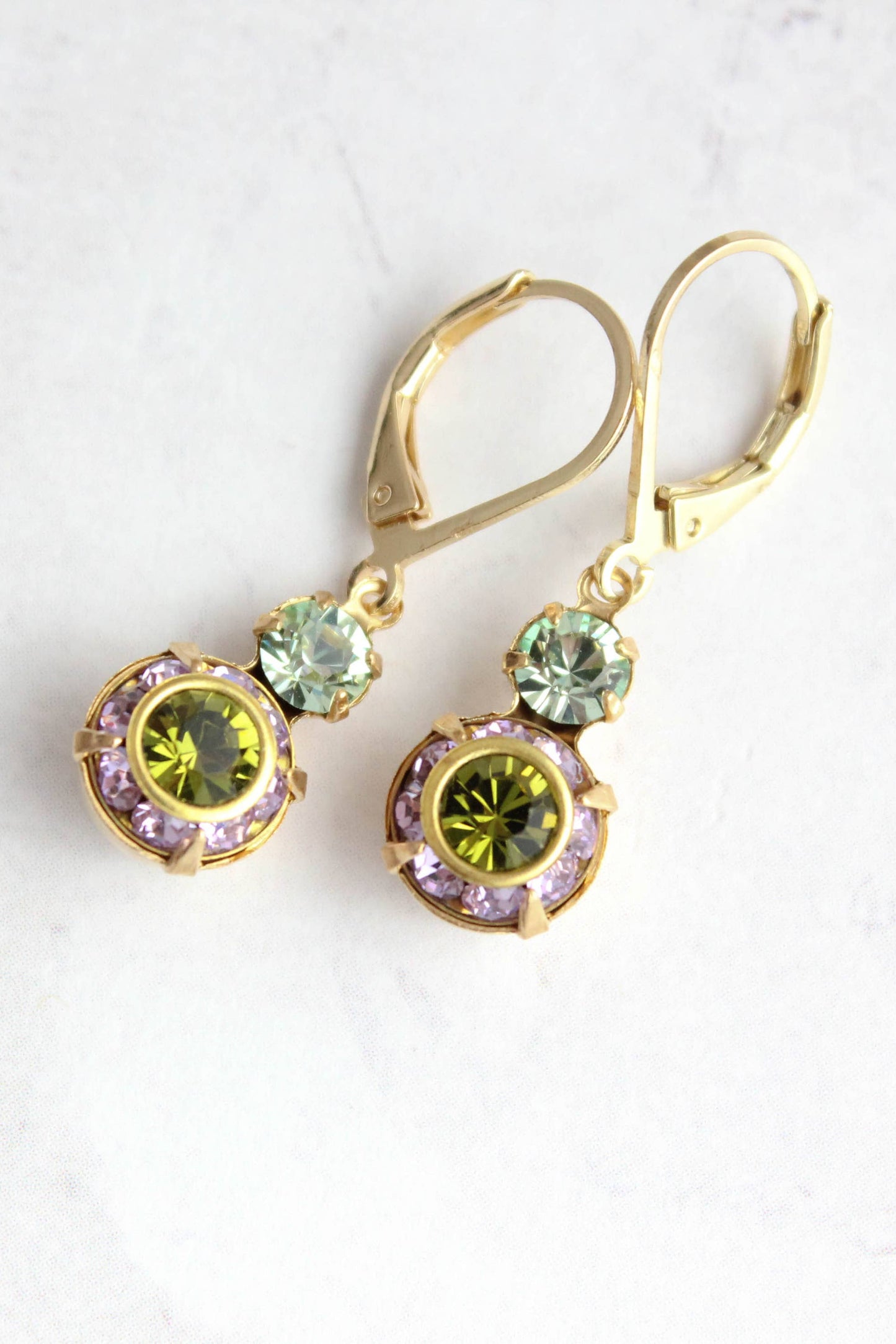 Small Glass Drop Earrings | Violet Purple and Olivine Green