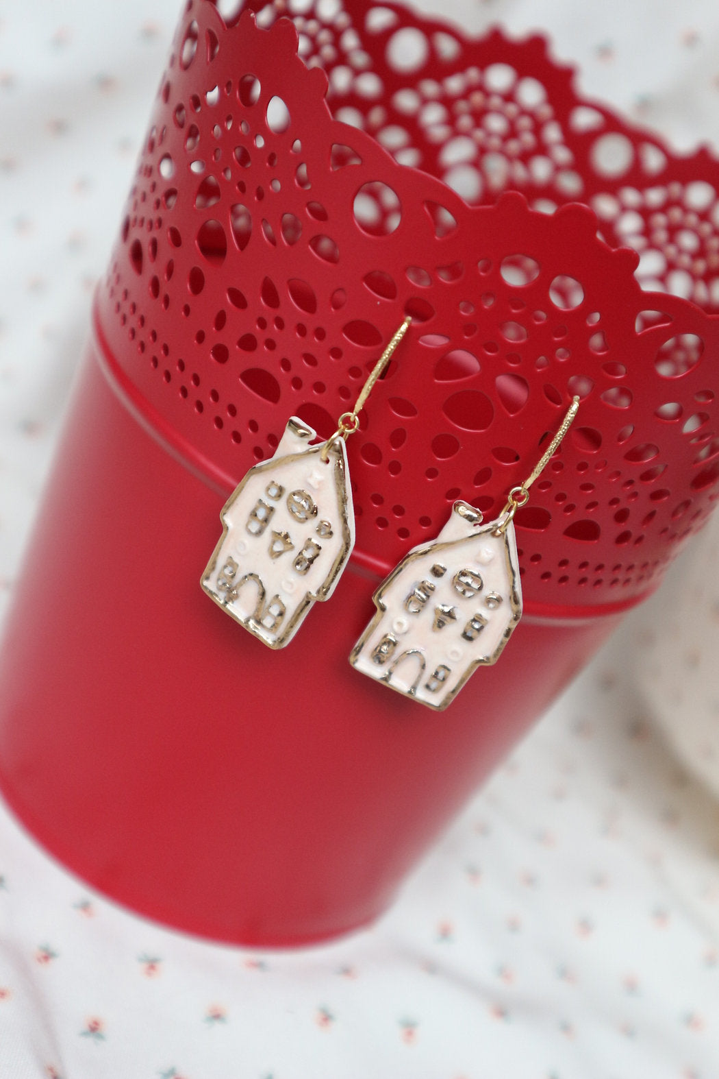 White & Gold House Dangle Earrings
