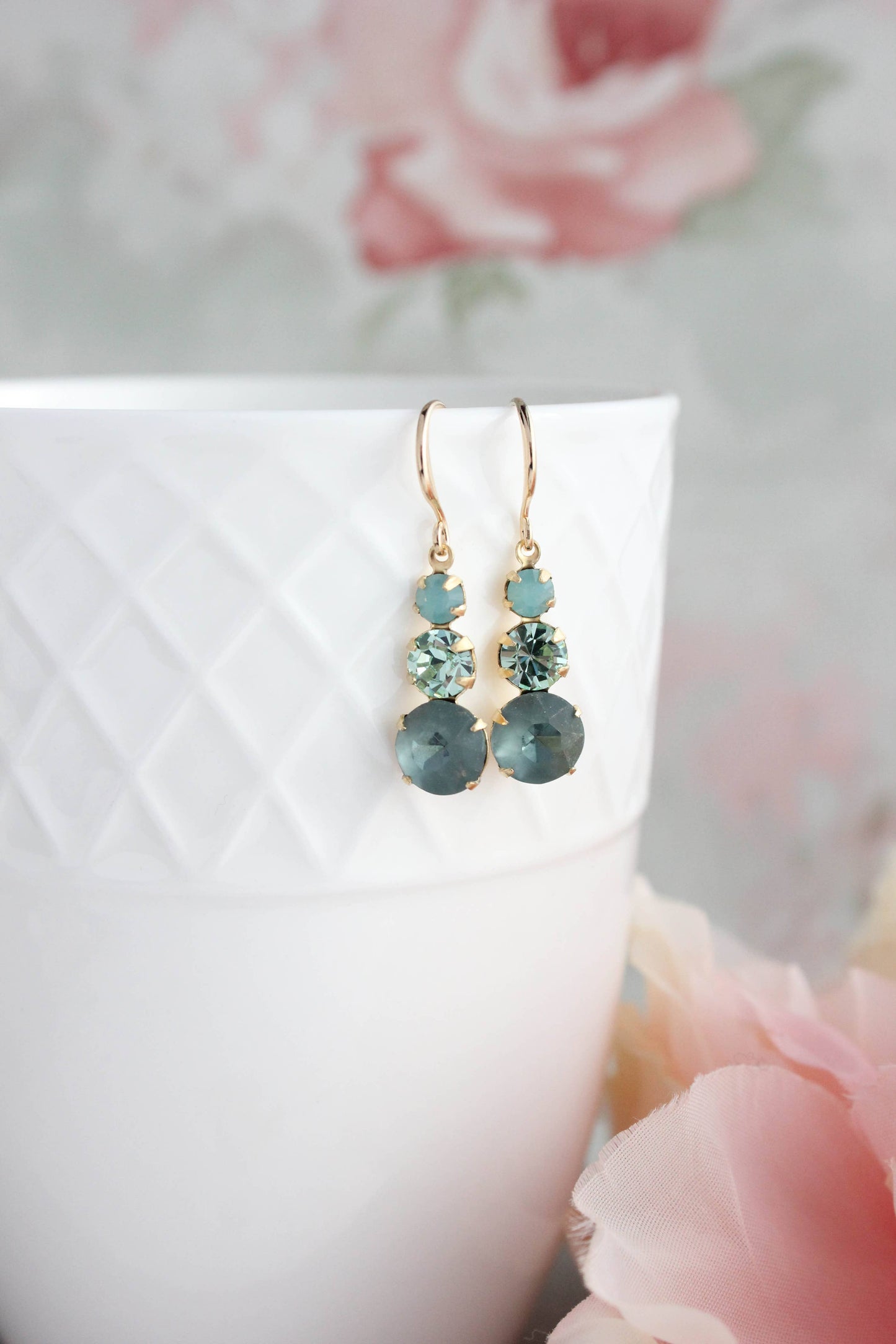 Vintage Glass Earrings - Three Jewel Peacock Green and Blue