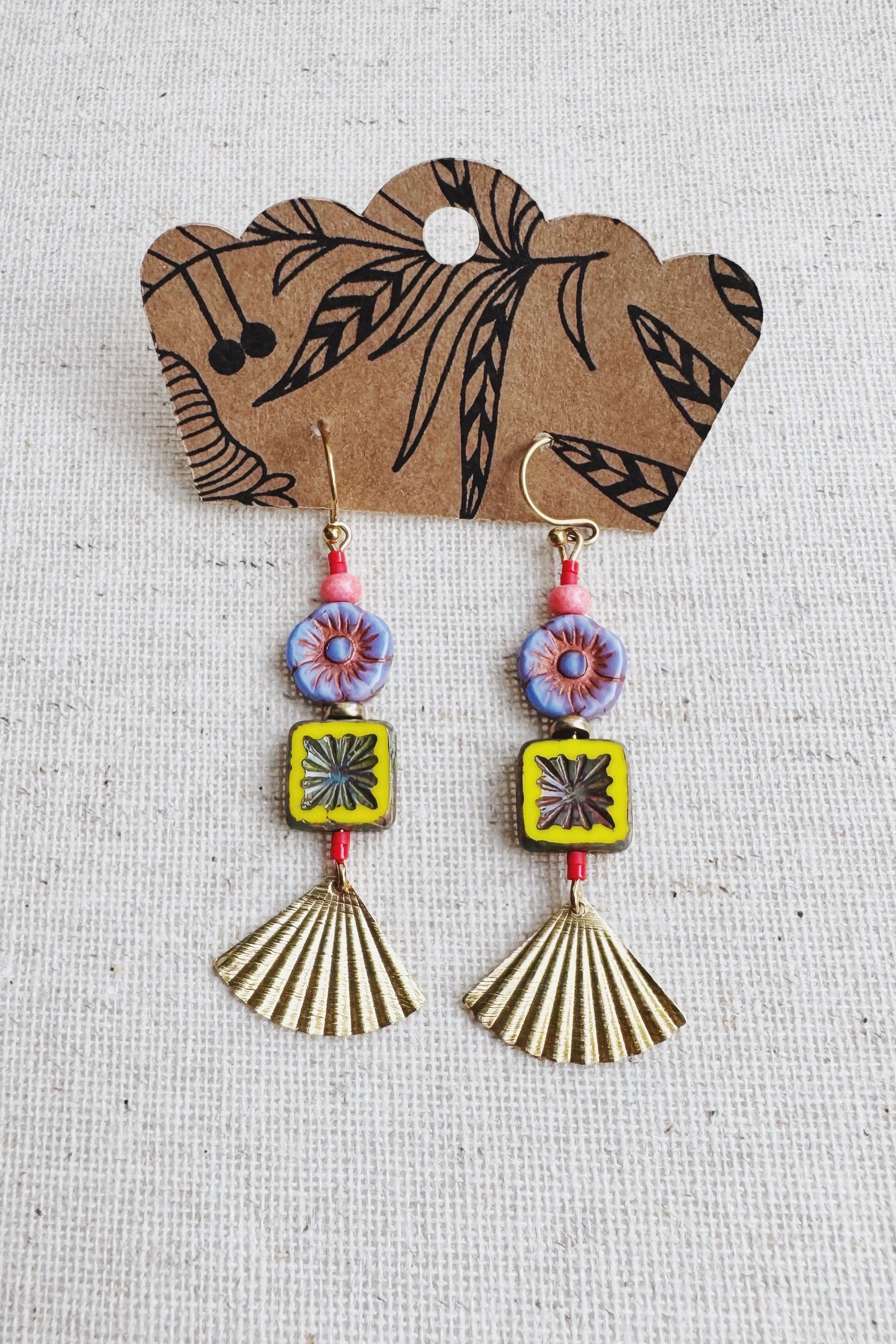 Beaded Czech Glass Earrings - Lilac Flower/Yellow Square
