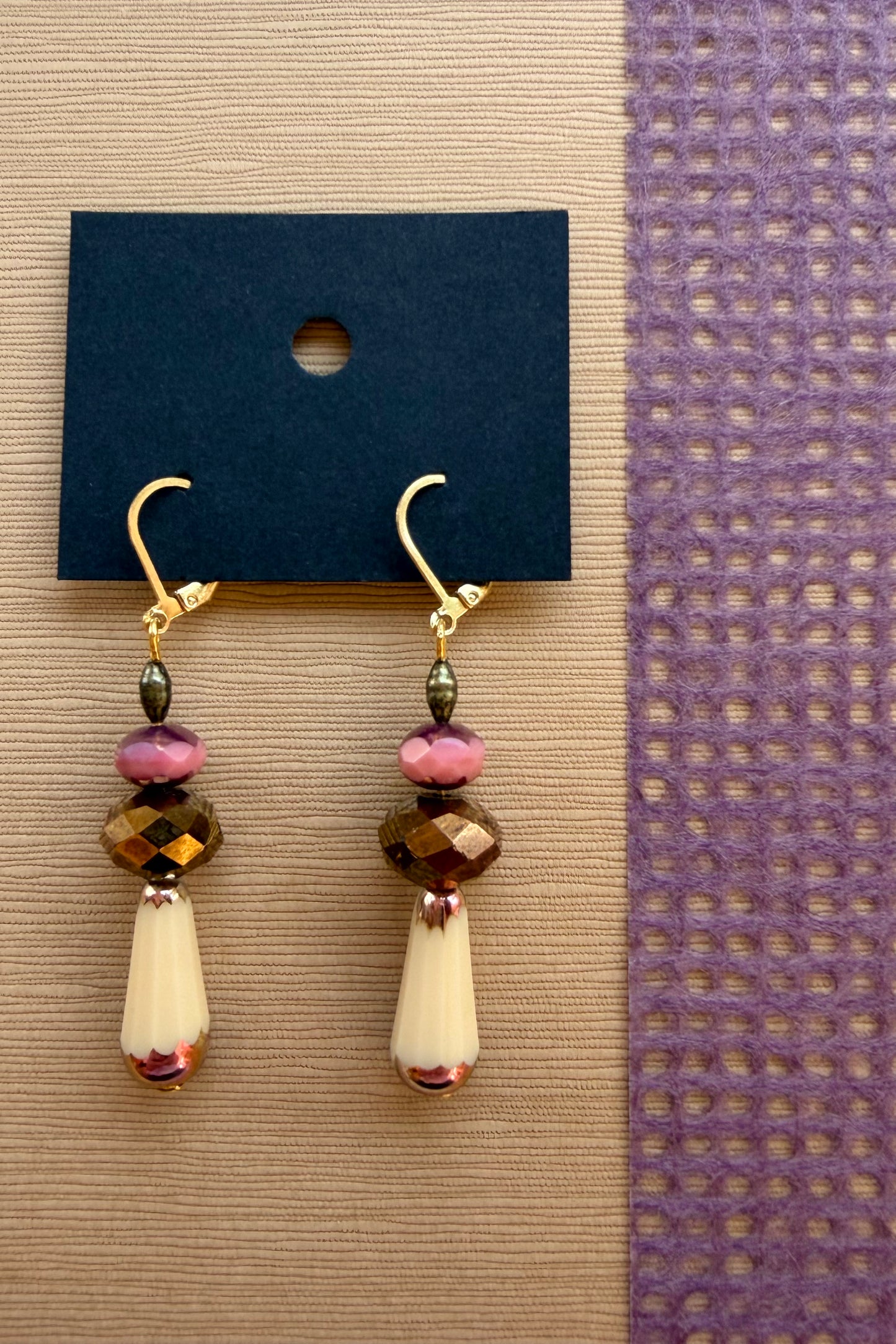 Beaded Czech Glass Earrings - Cream/Gold/Pink