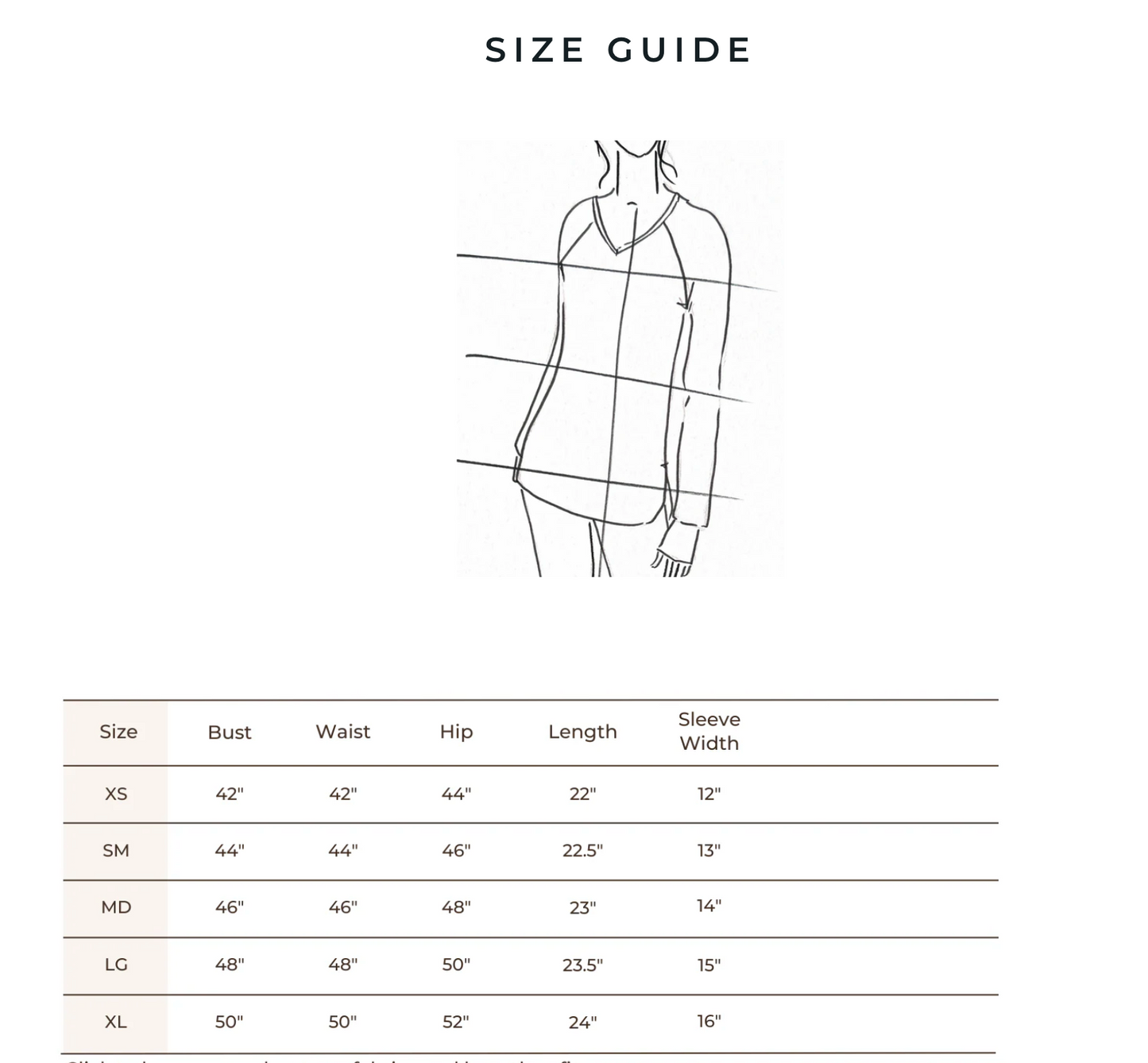 Blondie Willow Waffle Top Size Chart