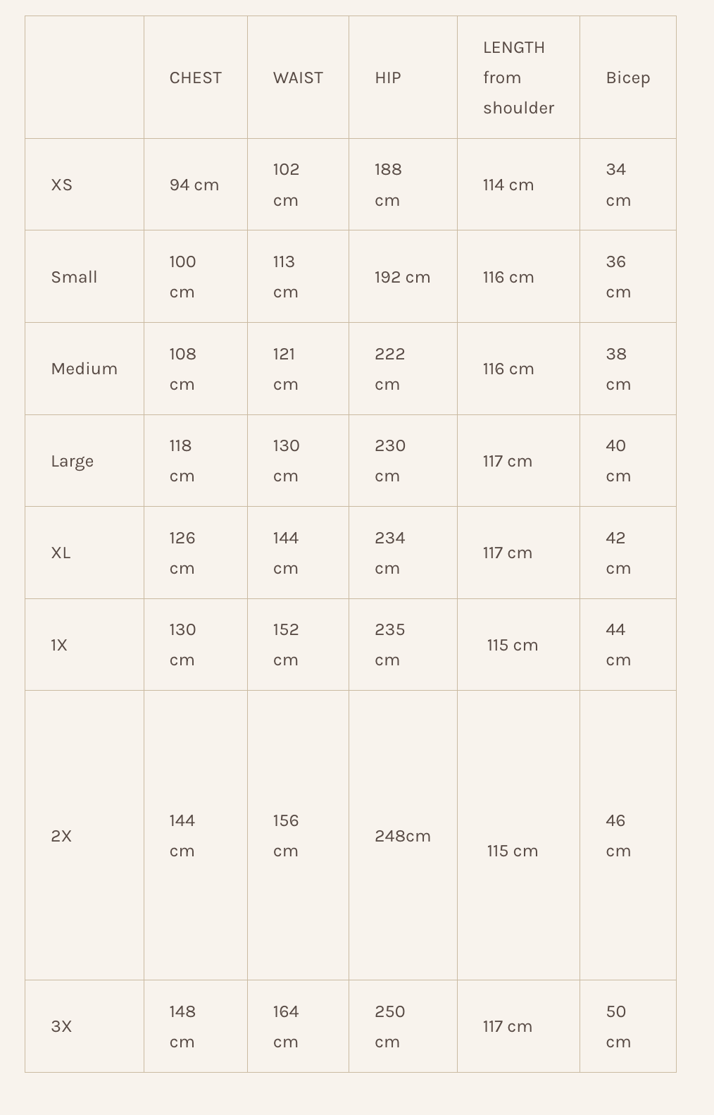 Light of All Size Chart for the Astoria Dress