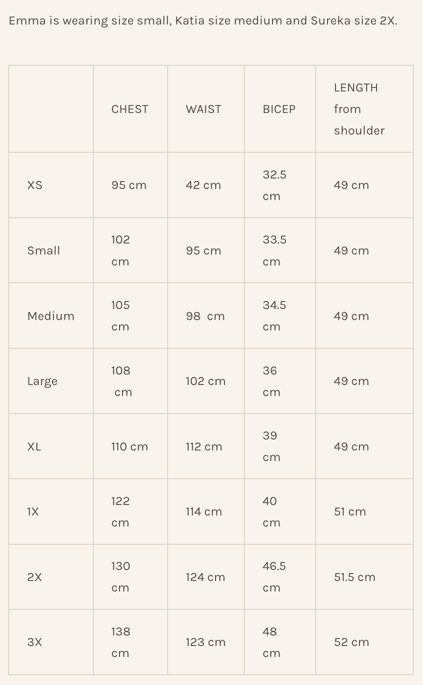 Garment measurement chart for the Stella Top by Lights of All