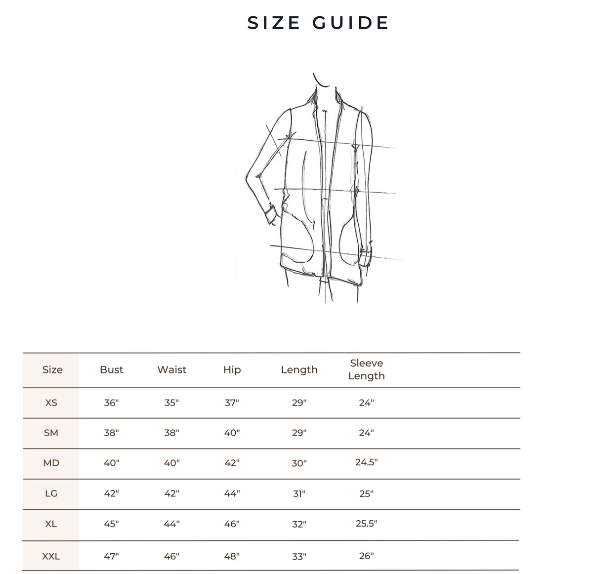 Blondie Briton Cardigan Size Chart