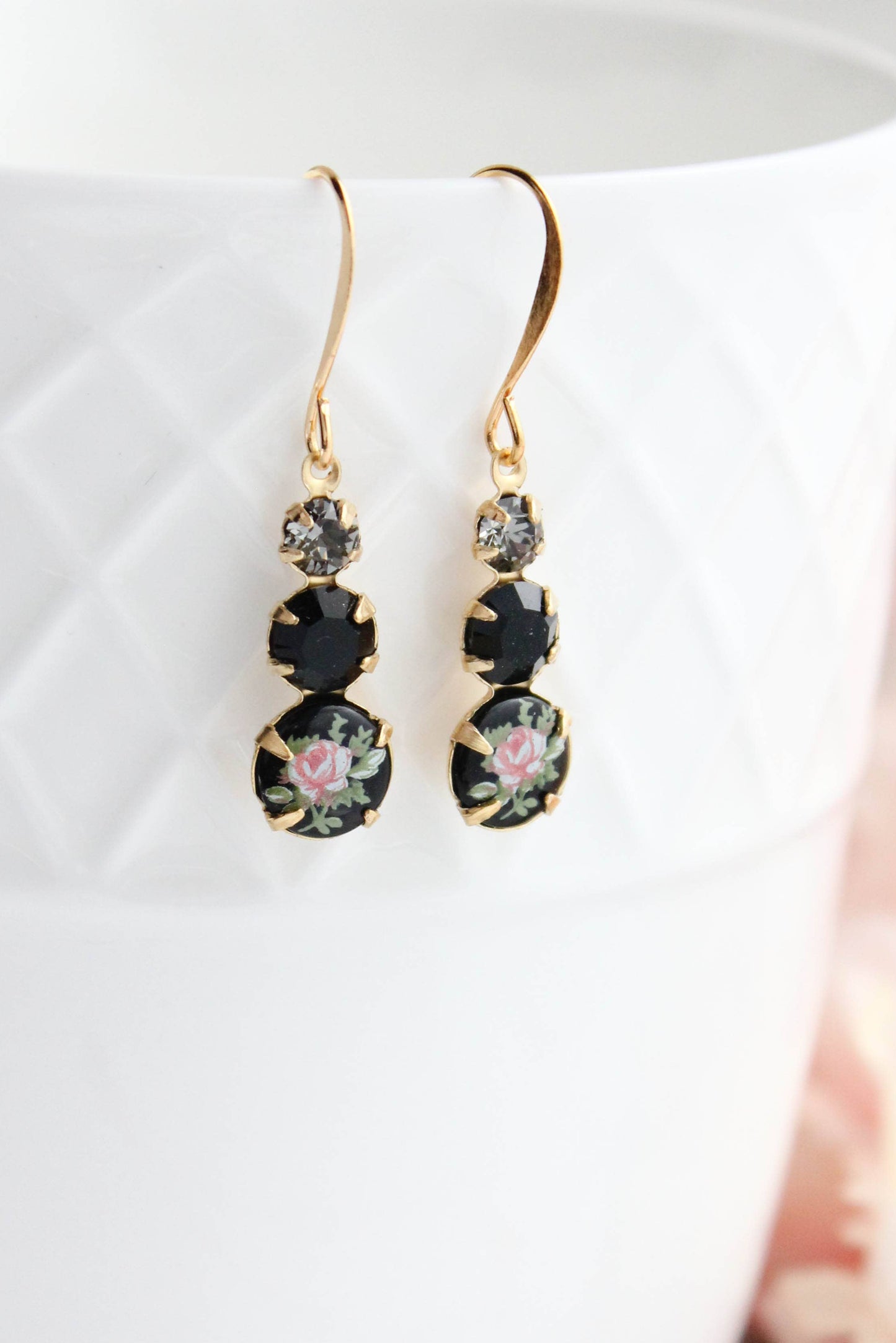 Vintage Glass Earrings - Three Jewel Black w/ Pink Rose