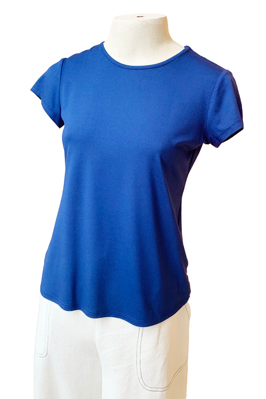 Calliope Top by Pure Essence, Classic Blue, classic t-shirt, slim fit, eco-fabric, bamboo and cotton, sizes XS to XXL, made in Canada