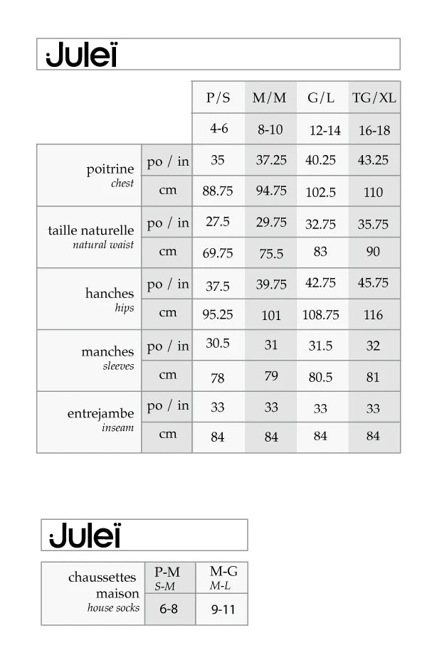 Julei size chart for clothing with measurements in centimeters and inches.