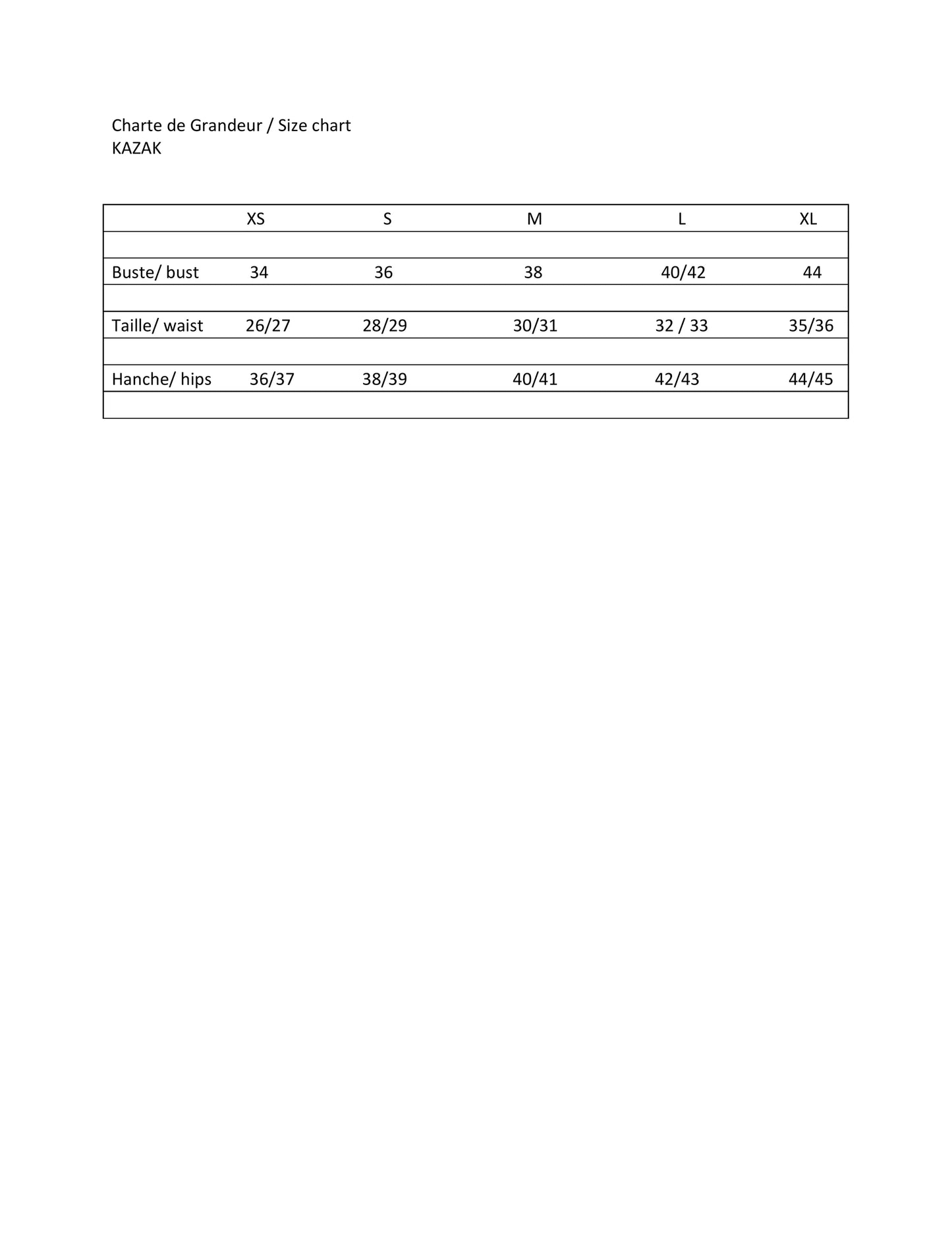Kazak Size Chart