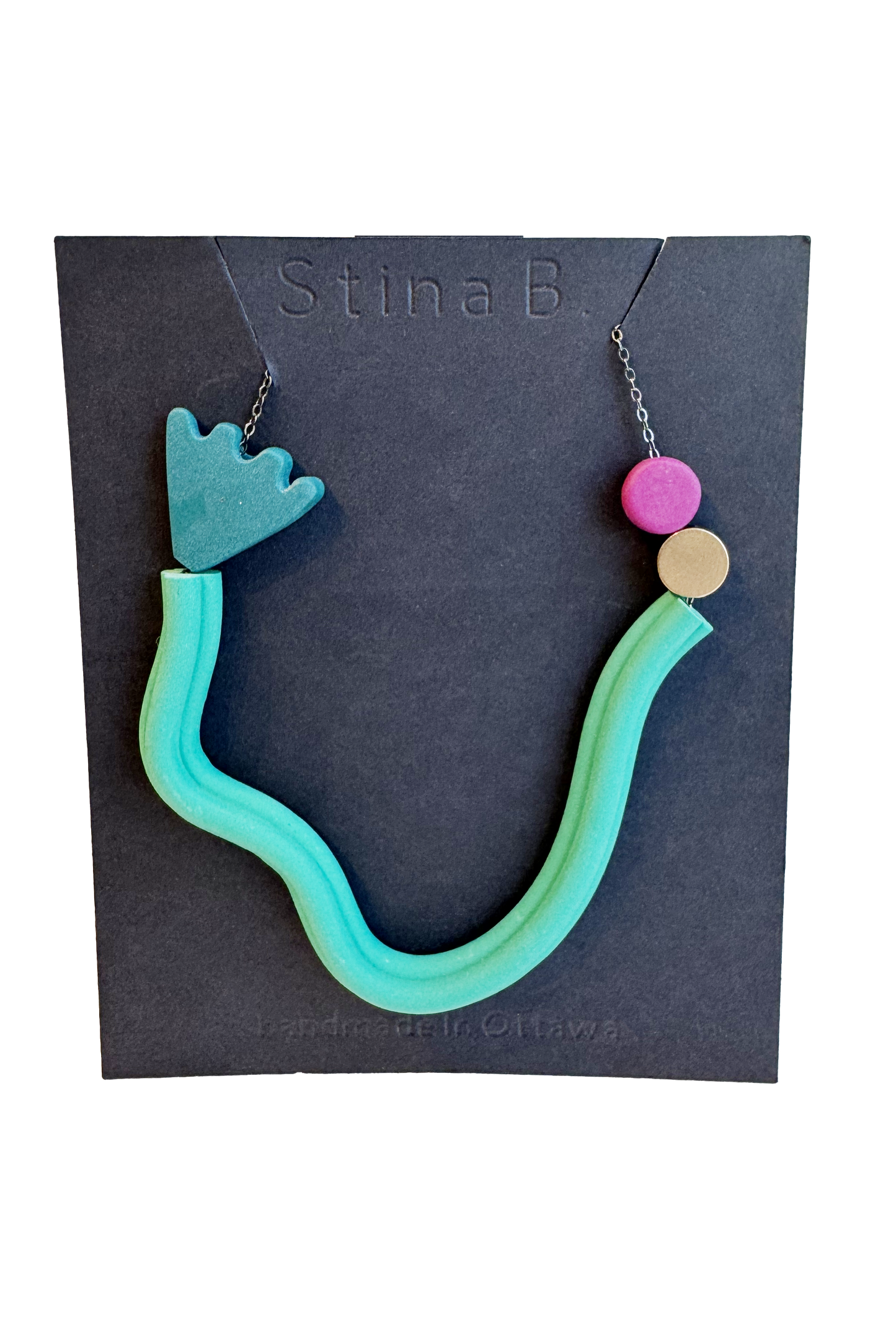 Green/Magenta - Abstract Polymer Clay & Brass Necklace