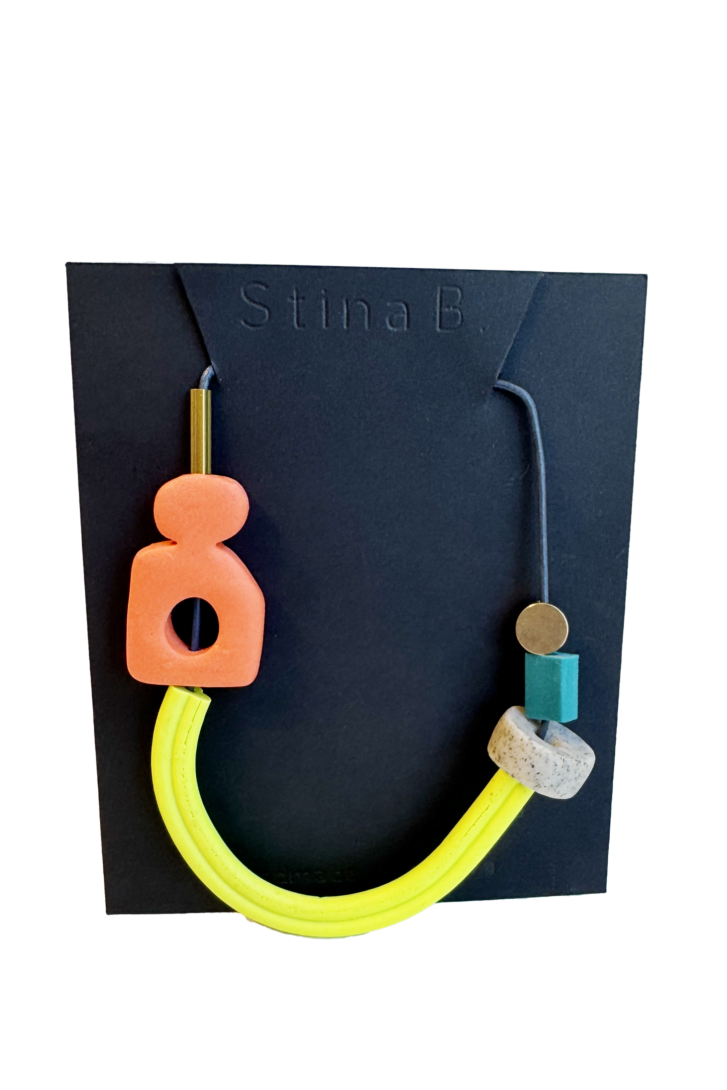 Coral/ Neon Yellow/ Speckled Concrete/ Kelly Green - Abstract Polymer Clay & Brass Necklace