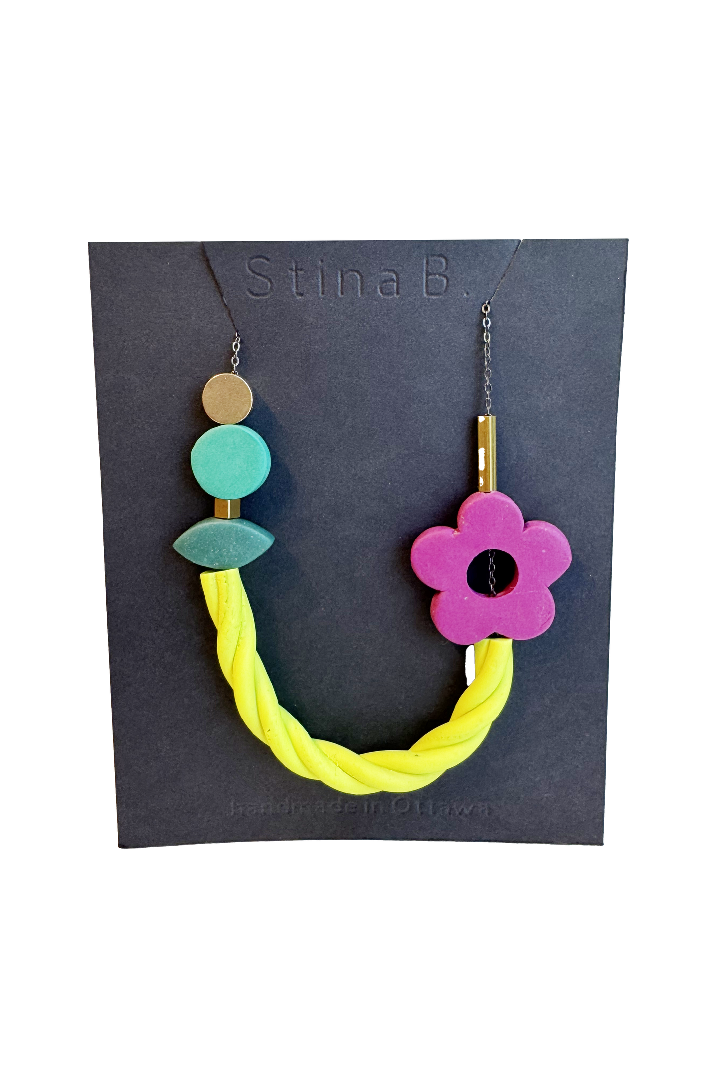 Green/ Neon Yellow/ Magenta - Abstract Polymer Clay & Brass Necklace