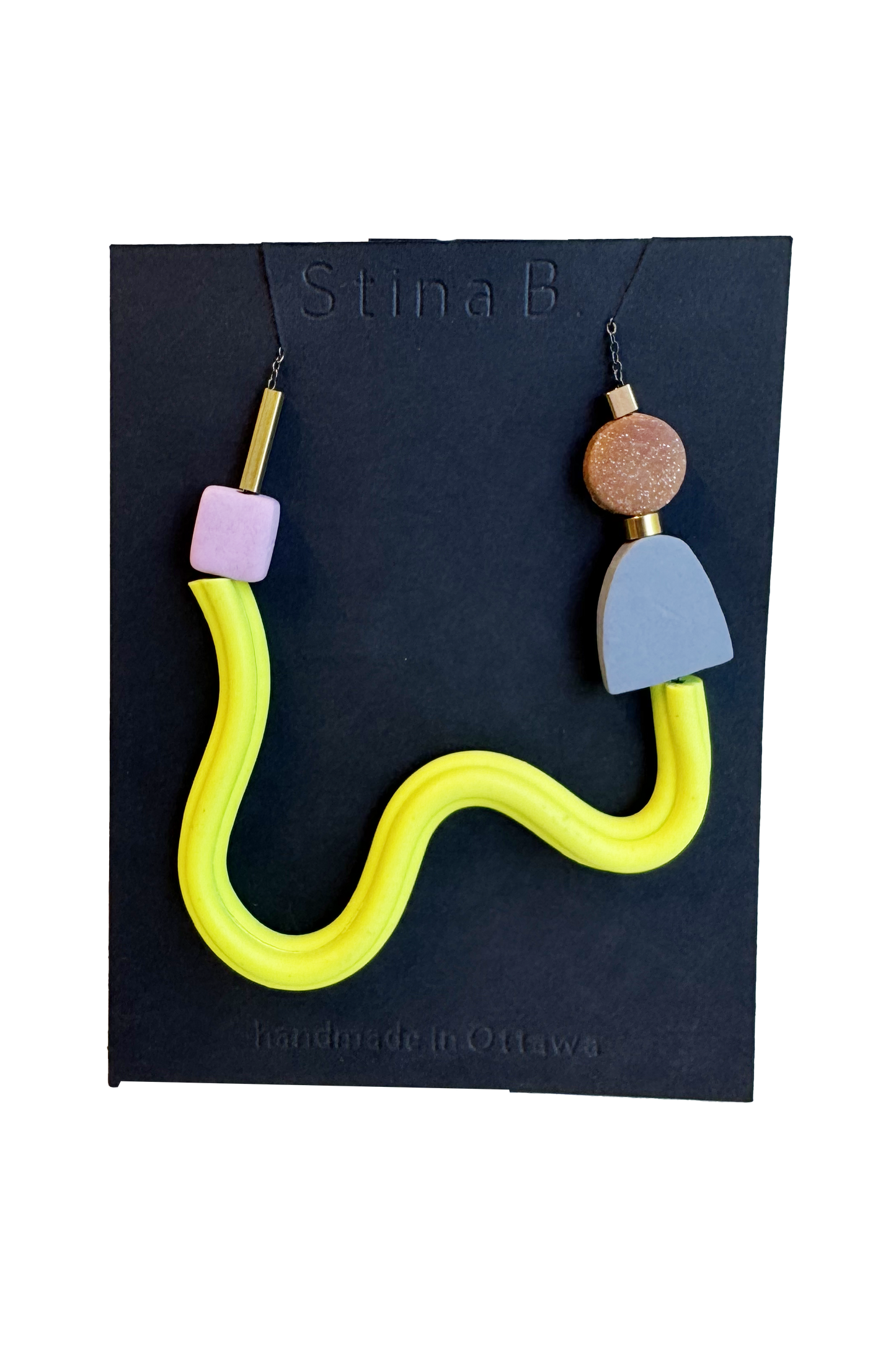 Lavender/ Neon Yellow/Periwinkle/ Sparkly Rose Gold - Abstract Polymer Clay & Brass Necklace