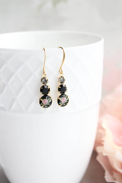 Vintage Glass Earrings - Three Jewel Black w/ Pink Rose