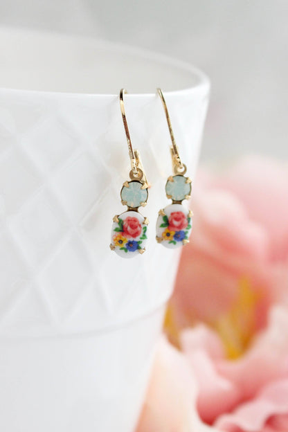 Little Floral Cameo Earrings - Vintage Glass