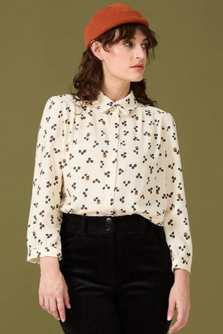 Elsa Shirt by Cokluch, Dots, collar shirt, button front, gathers at armholes and cuffs, front pleats, loose fit, rounded hem, sizes XS to XL, made in Montreal