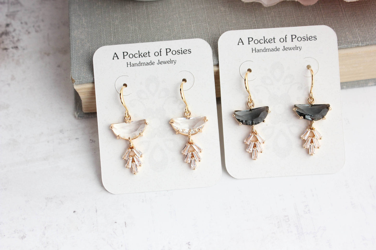 Art Deco Earrings | Half Moon Jewel with Sparkling Leaf Drop