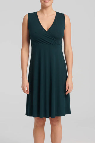 Ayesha Dress by Kollontai, Forest, wrap-over neckline, wide straps, empire waist, loose fit through the bodice, knee-length, pill-resistant viscose, sizes XS-XXL, made in Quebec