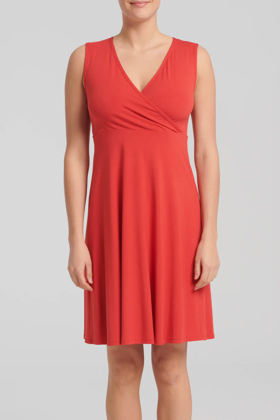 Ayesha Dress by Kollontai, Tomato, wrap-over neckline, wide straps, empire waist, loose fit through the bodice, knee-length, pill-resistant viscose, sizes XS-XXL, made in Quebec