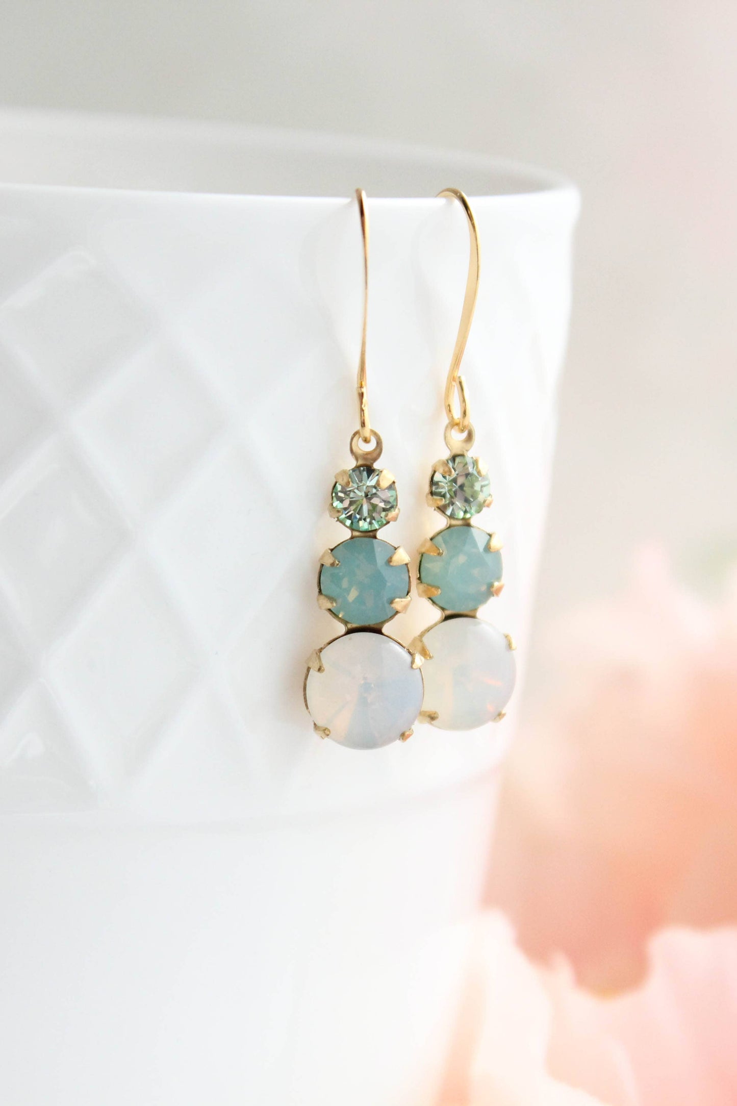 Vintage Glass Earrings - Three Jewel Aqua and Opal Glass