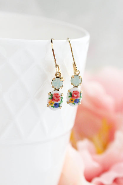 Little Floral Cameo Earrings - Vintage Glass