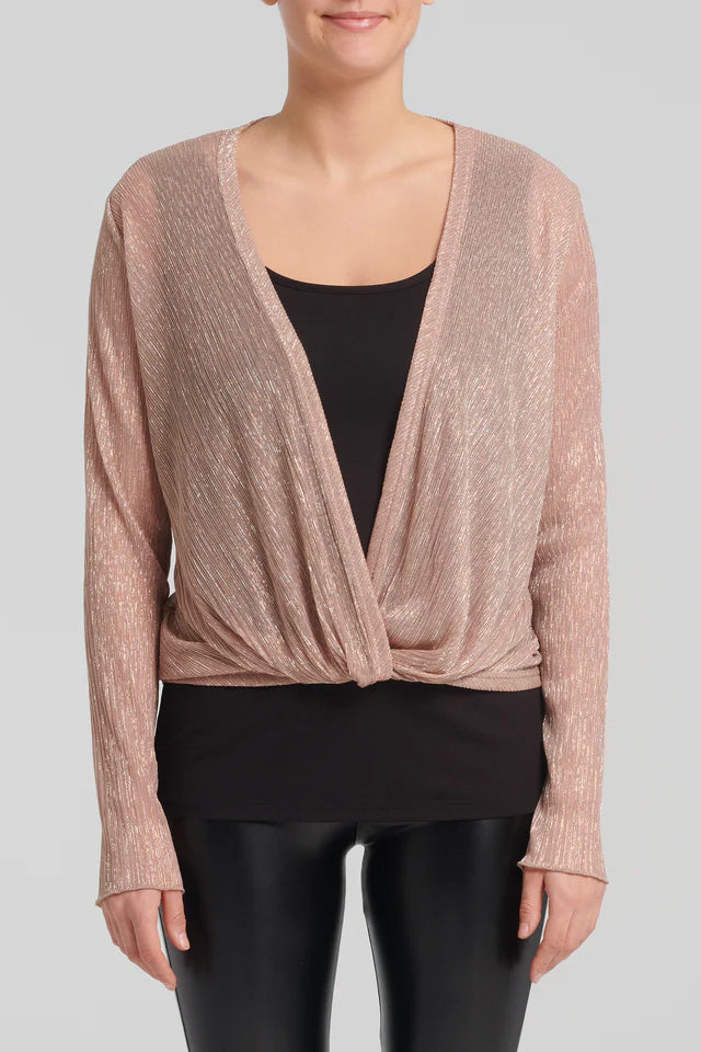 Neith Sweater by Kollontai, Blush, open chest, twisted front hem, long sleeves, sheer and shimmery Lurex-blend fabric, sizes XS to XXL, made in Montreal