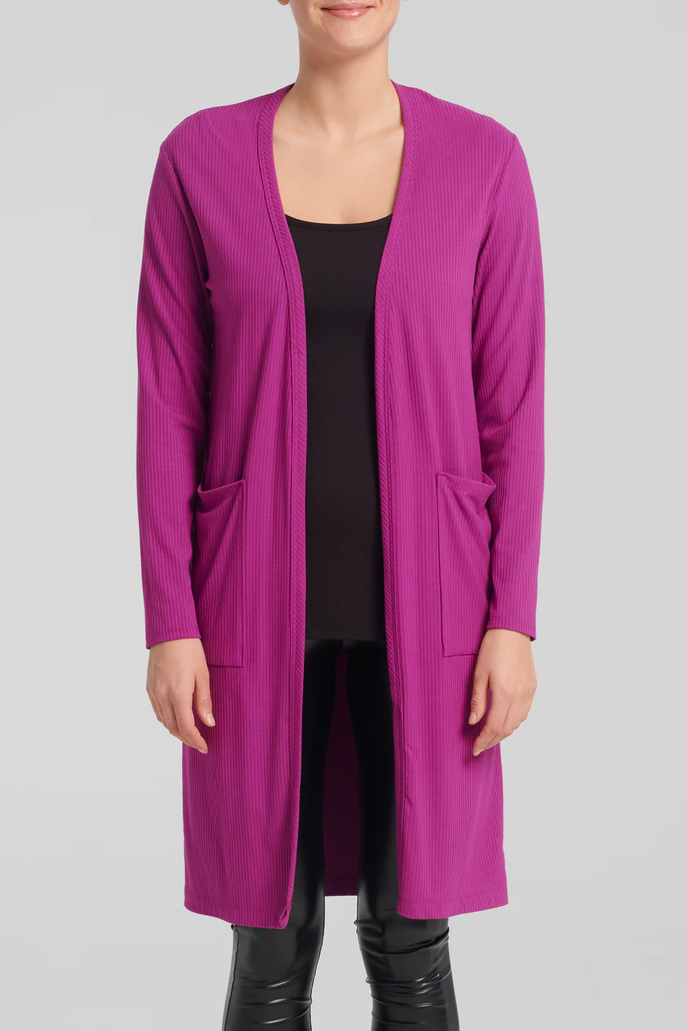 Streliski Cardigan by Kollontai, Amethyst, long open cardigan, patch pockets, eco-fabric, ribbed bamboo knit, sizes XS to XXL, made in Montreal 