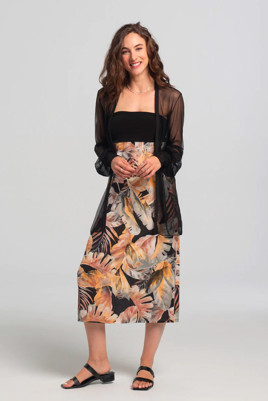 Divona Skirt by Kollontai, wide black band at top, neutral toned tropical print below, wear as a strapless midi dress or a maxi skirt, sizes XS to XXL, made in Quebec