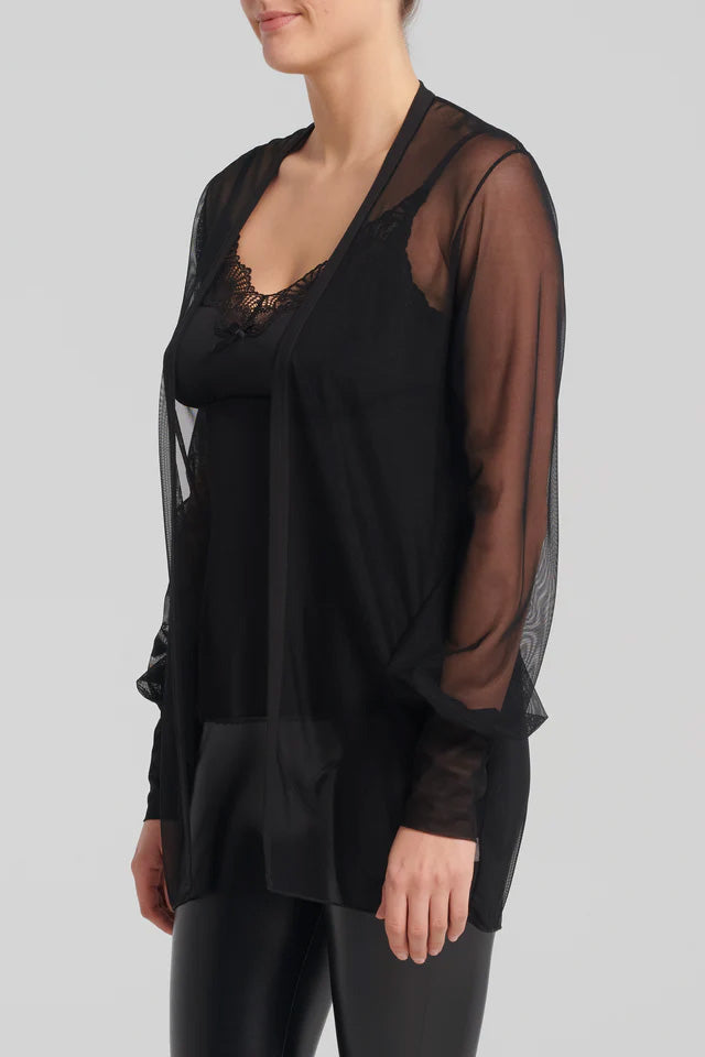 Theia Cardigan by Kollontai, Black, sheer open cardigan, long sleeves that puff and gather at the wrists, sizes XS to XXL, made in Montreal