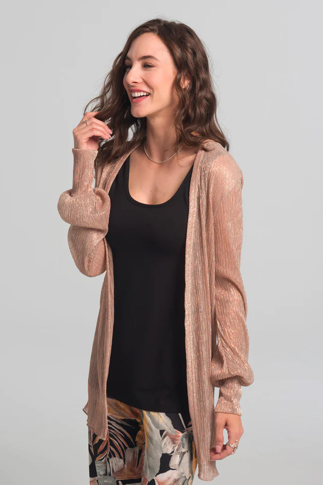Melete Cardigan by Kollontai, Blush, open cardigan, long sleeves that puff and gather at the wrists, shimmery and sheer Lurex-blend fabric, sizes XS to XXL, made in Montreal