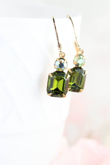 Small Drop Earrings | Olivine Green Glass and Gold Drops