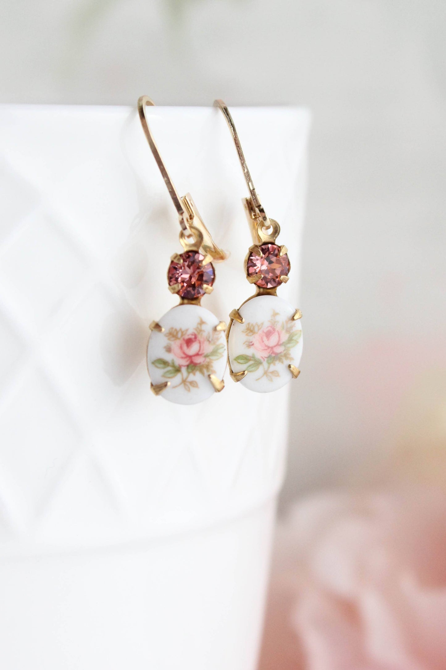 Vintage Style Flower Cameo Earrings | Pink Rose Earrings
