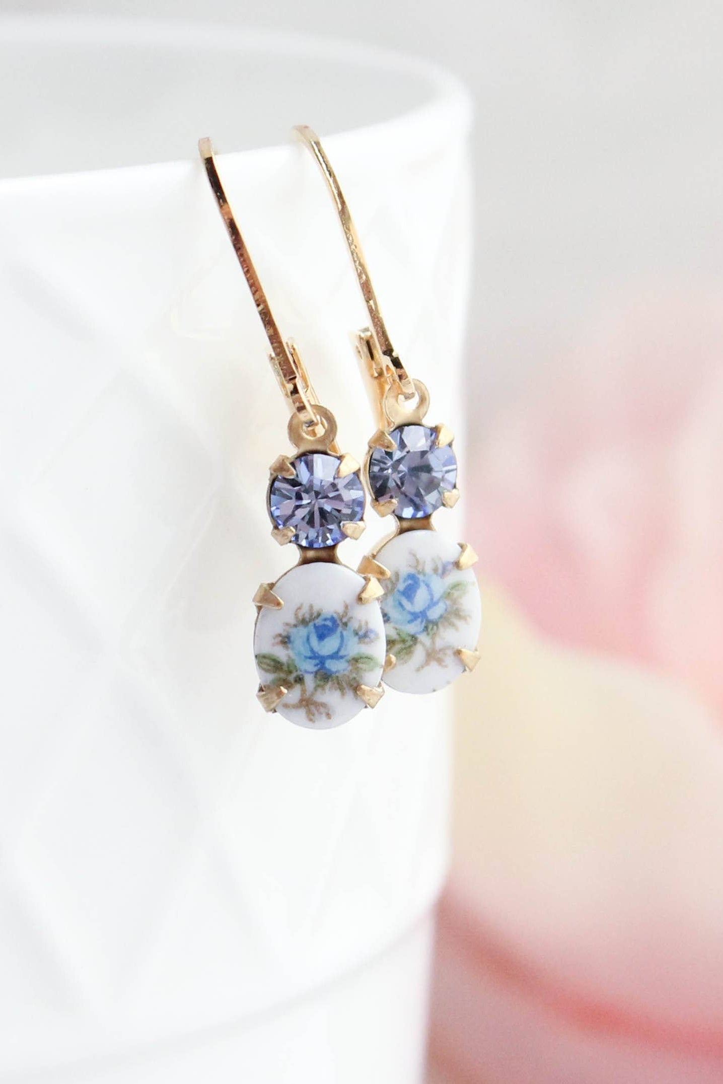 Little Blue Rose Cameo Earrings | Vintage Glass
