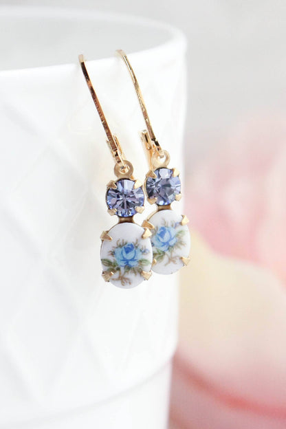 Little Blue Rose Cameo Earrings | Vintage Glass