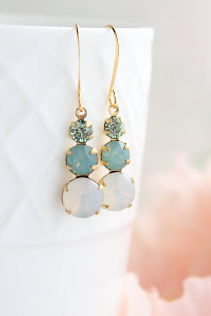 Vintage Glass Earrings - Three Jewel Aqua and Opal Glass