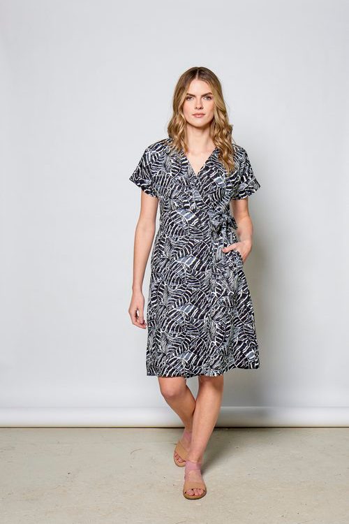 Maura Dress by Tangente, Black Print, wrap dress, V-neck, short cuffed sleeves, attached tie belt, above the knee, hidden side pockets, viscose/linen, sizes XS to XXL, made in Ottawa 