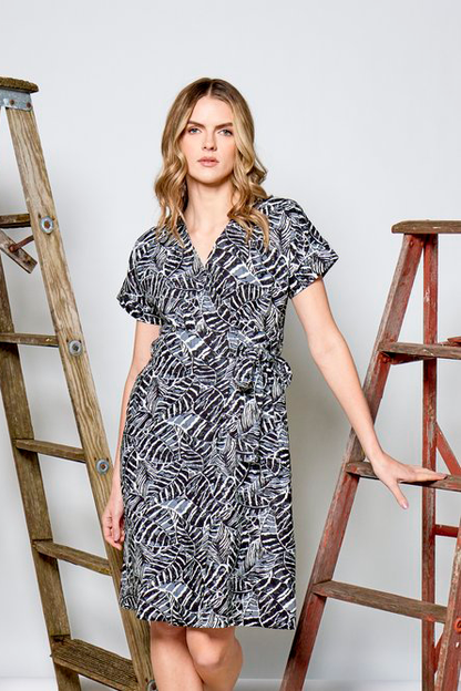 Maura Dress by Tangente, Black Print, wrap dress, V-neck, short cuffed sleeves, attached tie belt, above the knee, hidden side pockets, viscose/linen, sizes XS to XXL, made in Ottawa 