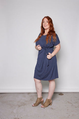 Hazel Dress by Tangente, Navy with Grey Stripe, cap sleeves, pleating at the waist, elastic at back waist, attached ties at waist, bamboo rayon, sizes XS to XXL, made in Ottawa