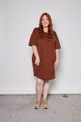 Evelyn Dress by Tangente, Tobacco, loose fit, pleated panels, asymmetrical front seams, drop sleeves, OEKO-TEX certified, cotton jersey, eco-fabric, sizes XS to XXL, made in Ottawa