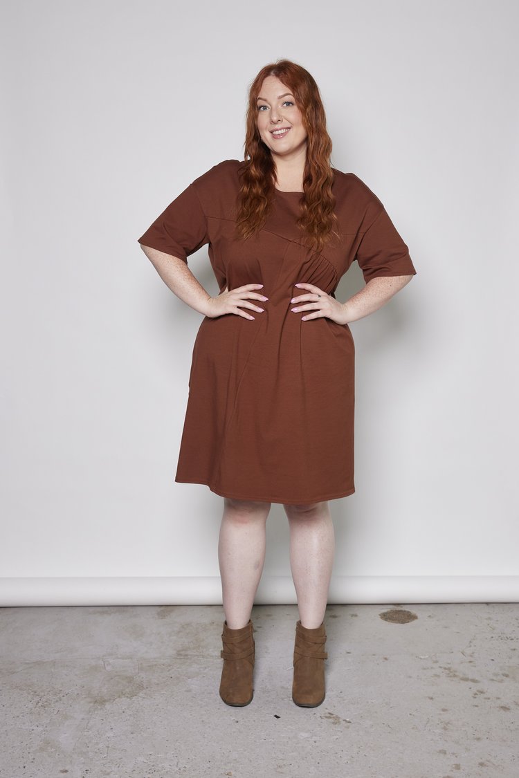 Evelyn Dress by Tangente, Tobacco, loose fit, pleated panels, asymmetrical front seams, drop sleeves, OEKO-TEX certified, cotton jersey, eco-fabric, sizes XS to XXL, made in Ottawa