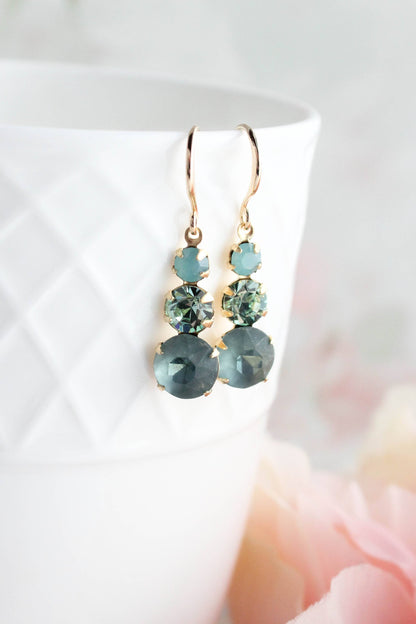Vintage Glass Earrings - Three Jewel Peacock Green and Blue