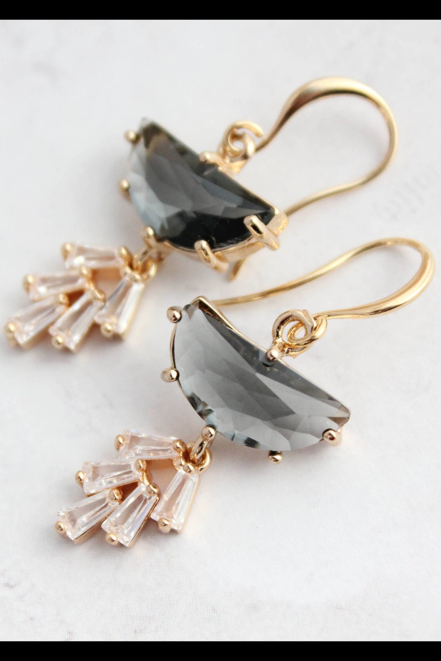 Art Deco Earrings | Half Moon Jewel with Sparkling Leaf Drop