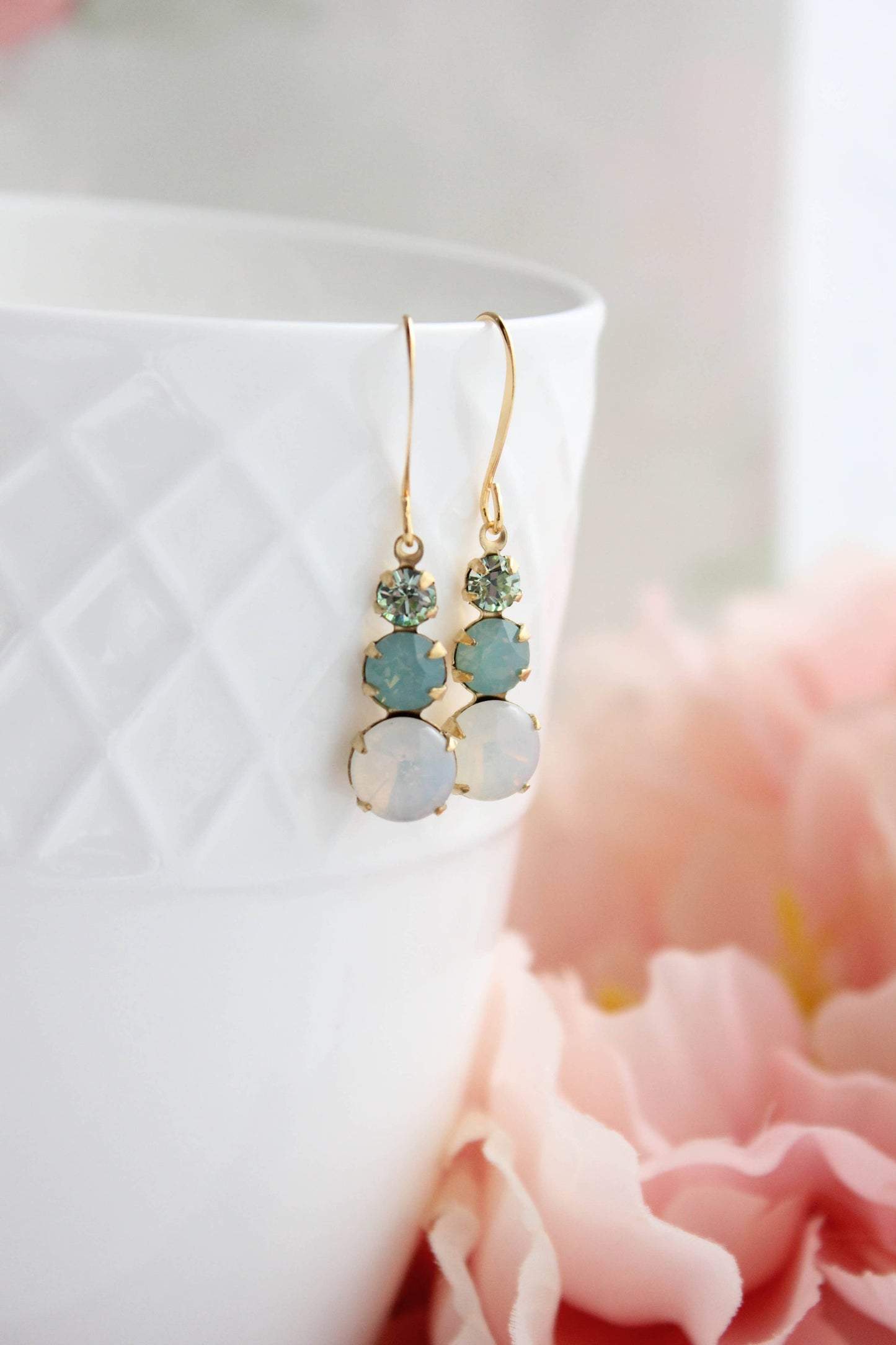 Vintage Glass Earrings - Three Jewel Aqua and Opal Glass