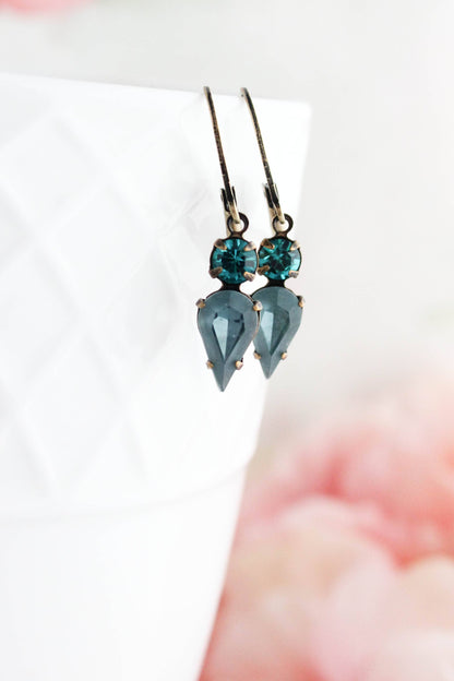 Tiny Vintage Glass Drop Earrings | Peacock Blue