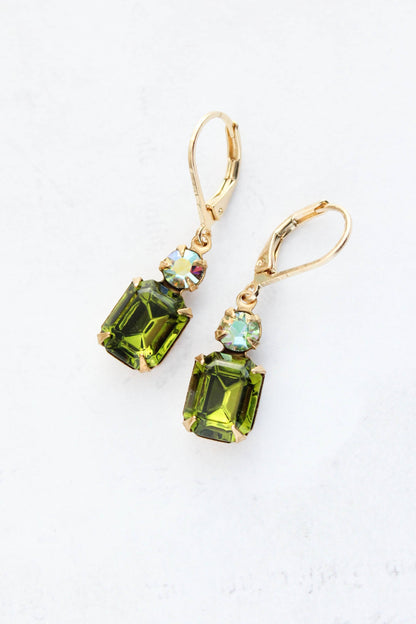 Small Drop Earrings | Olivine Green Glass and Gold Drops