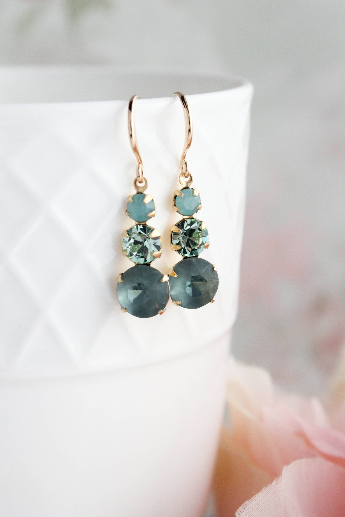 Vintage Glass Earrings - Three Jewel Peacock Green and Blue